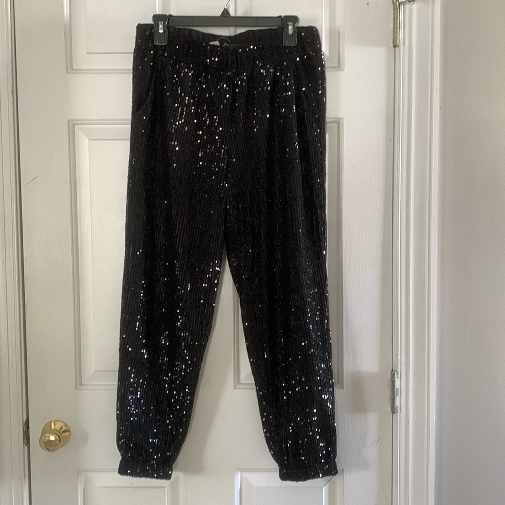 Holiday pants! Black sequin dressy jogger style. Side pockets.